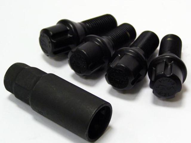 Set of 4 locking alloy wheel bolts M14 x 1.5 Ball seat Black 45mm Thread Length